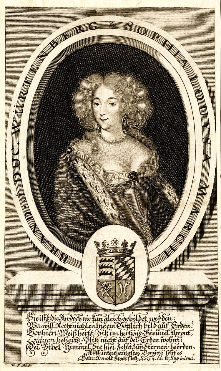 Porträtt av Sophie Louise av Württemberg-Stuttgart 1642-1702, Margravine..., ca. 1680. av Philipp Kilian