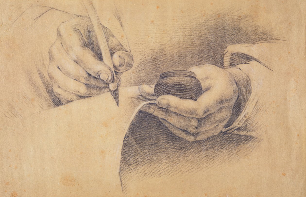 Drawing Hands, 1798 (svart krita förhöjd med vitt på brunt papper) av Philipp Otto Runge