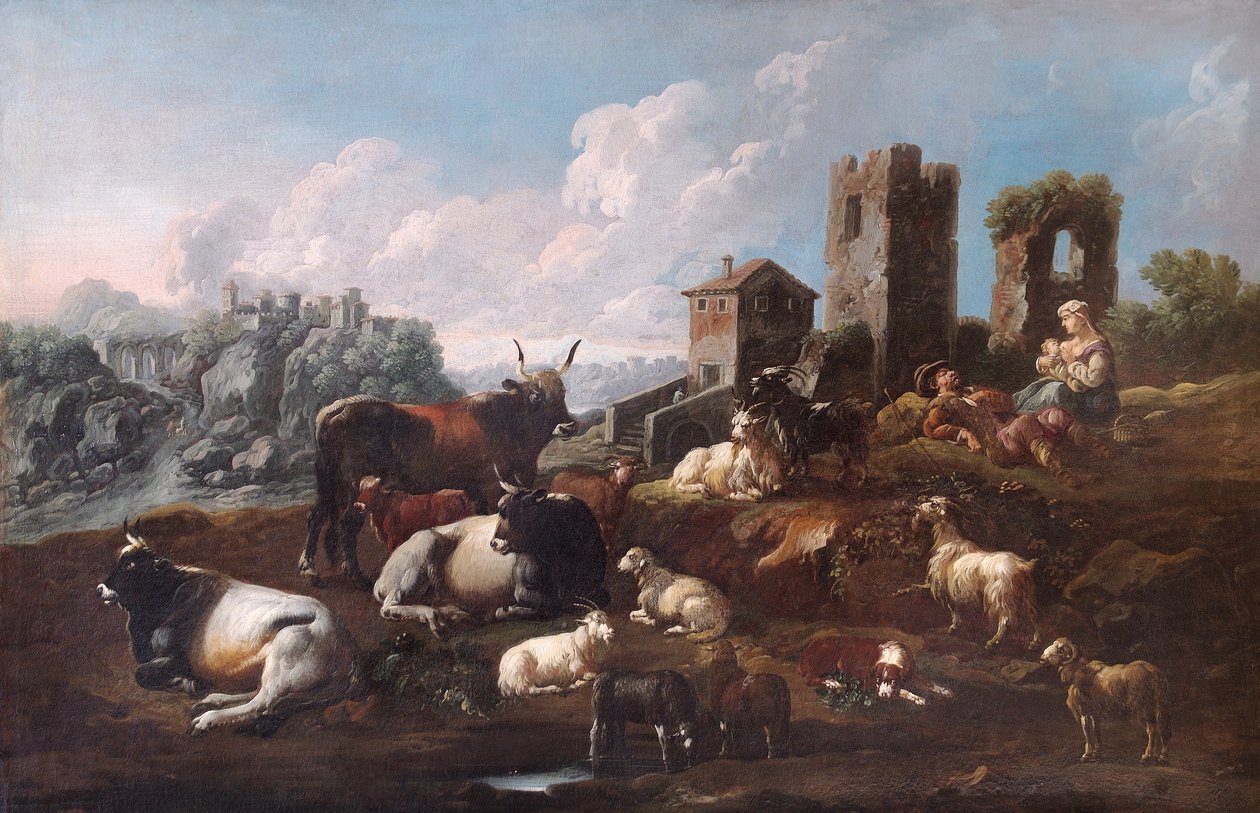 Herde och boskap (olja på duk) av Philipp Peter called Rosa da Tivoli Roos