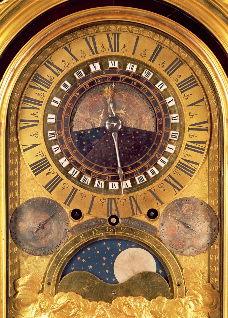 Astronomisk klocka tillverkad för Frankrikes storfurste Louis (1661-1711), detalj av urtavlan, 1710 (förgylld brons) (detalj av 208583) av Philippe and Fardoil, Pierre Caffieri