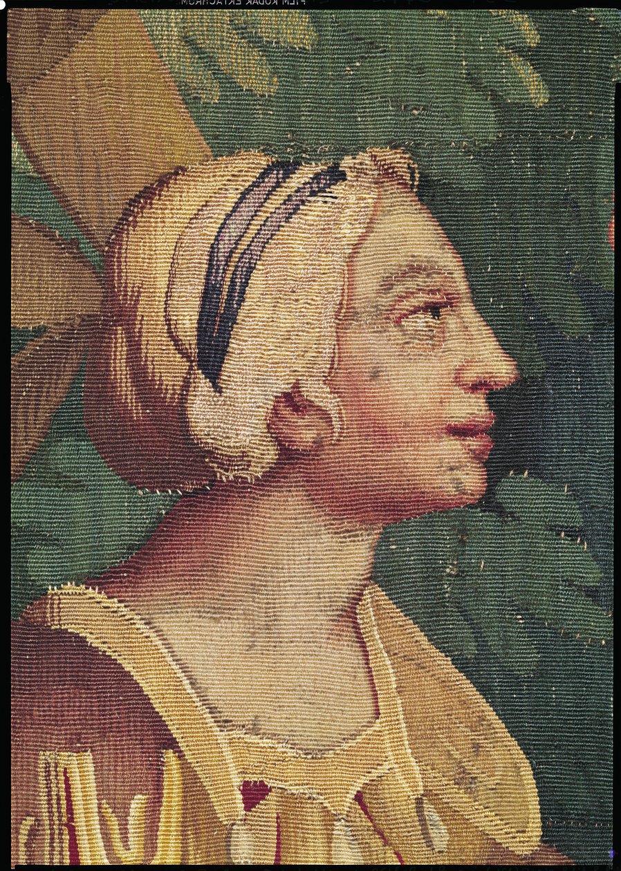 Cephalus och Procris, detalj av chefen för Procris, Beauvais Workshop gobeläng av Philippe Behagle