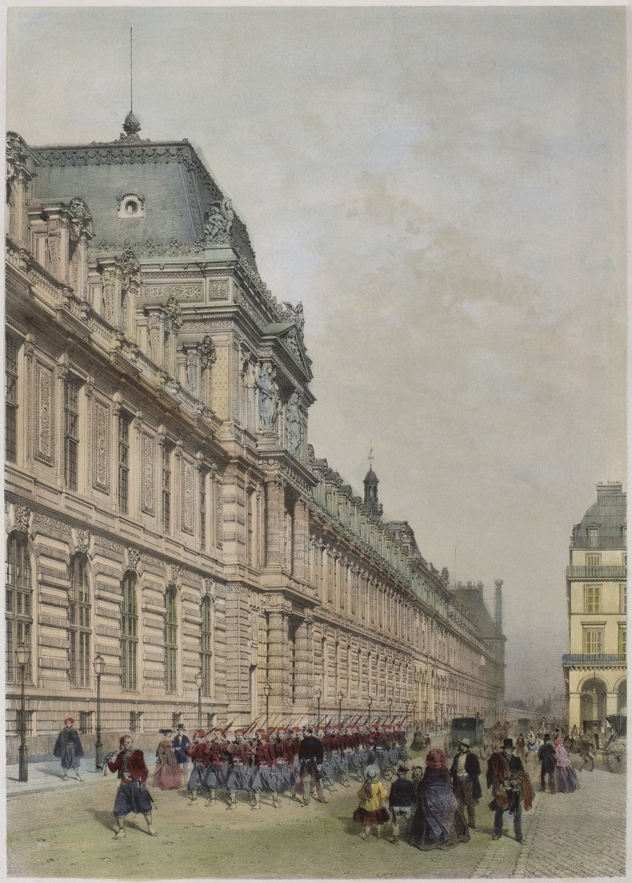 Vy över Louvrens nya fasad på rue de Rivoli, illustration från "Paris dans sa splendeur", utgiven av Henri Charpentier, 1861. av Philippe Benoist