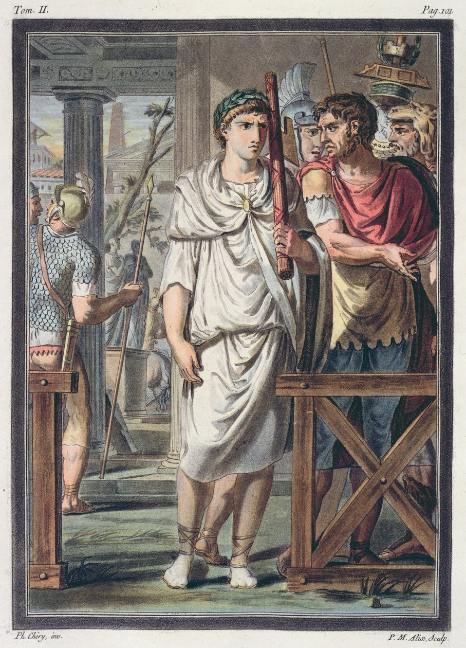 Liktorer och soldater från Titus retinue, kostymer till "Berenice" av Jean Racine, från volym II av "Research on the Costumes and Theatre of All Nations", graverad av Pierre Michel Alix (1762-18). av Philippe Chery