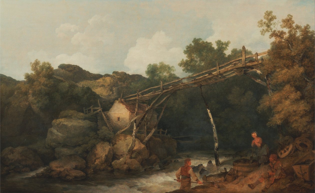 A View near Matlock, Derbyshire with Figures Working beneath a Wooden Conveyor av Philippe Jacques de Loutherbourg