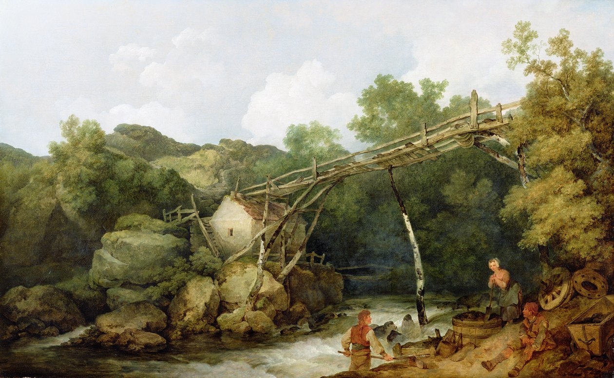 En vy nära Matlock, Derbyshire med figurer som arbetar under en trätransportör, 1785 av Philippe Jacques de Loutherbourg