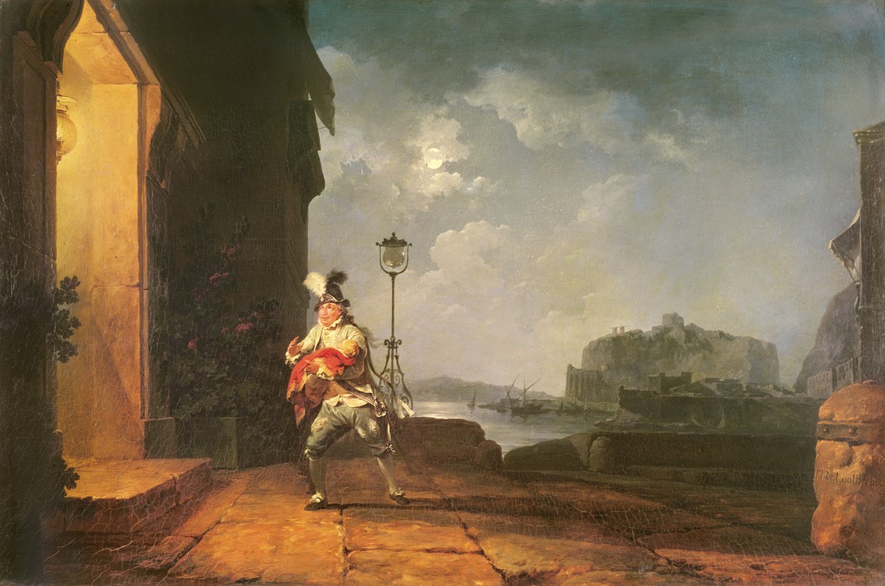 David Garrick som Don John i sin anpassning av "The Chances" av Beaumont och Fletcher, Act 1, Scene 2, c.1774 (olja) av Philippe Jacques de Loutherbourg