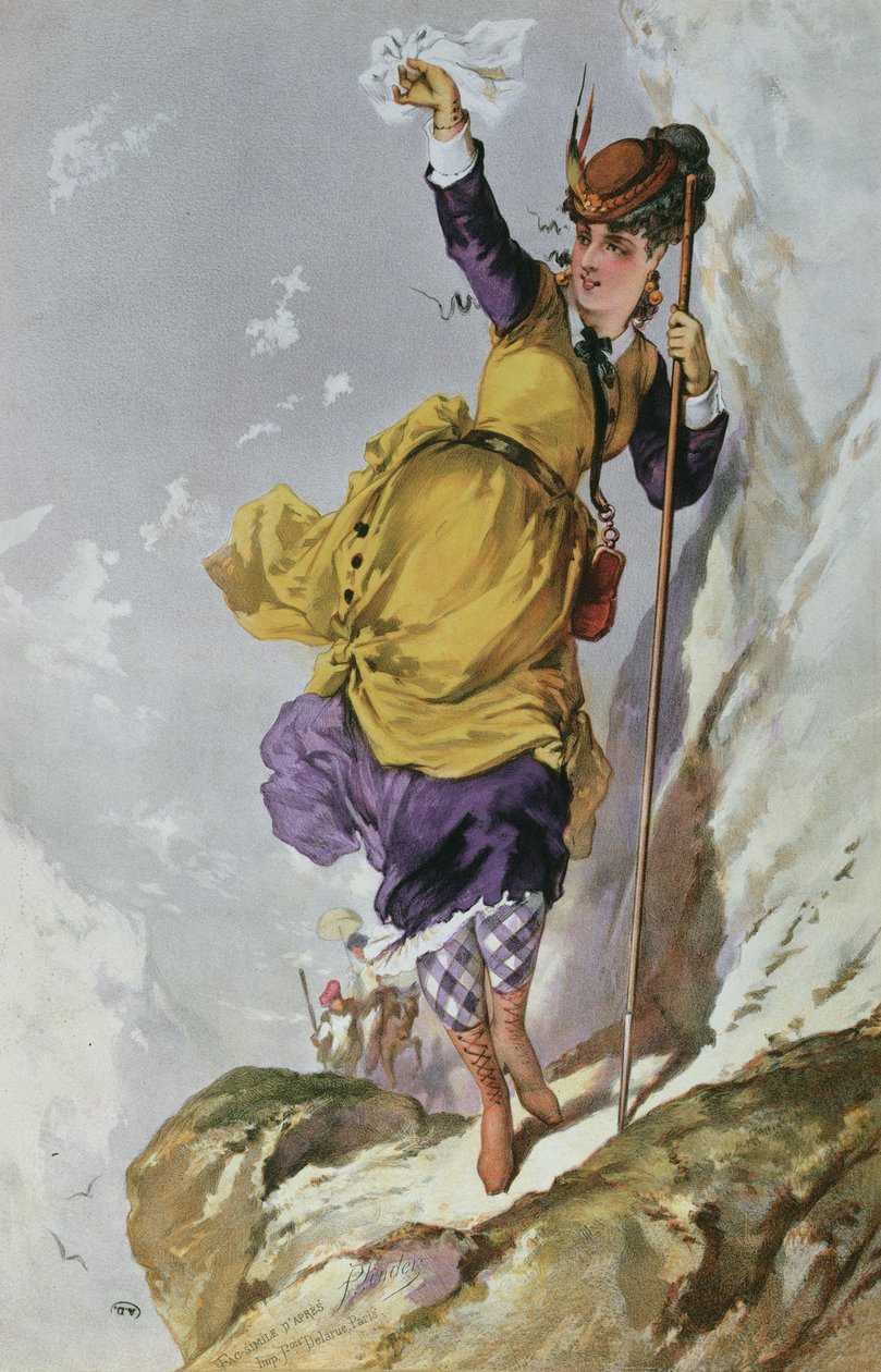Kvinna bergsklättring, ca 1860-70 av Philippe Jacques after Linder