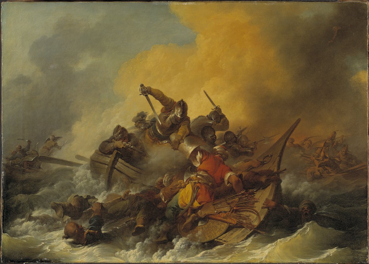 Slaget till sjöss mellan soldater och orientaliska pirater, 1767 av Philippe Jacques de Loutherbourg