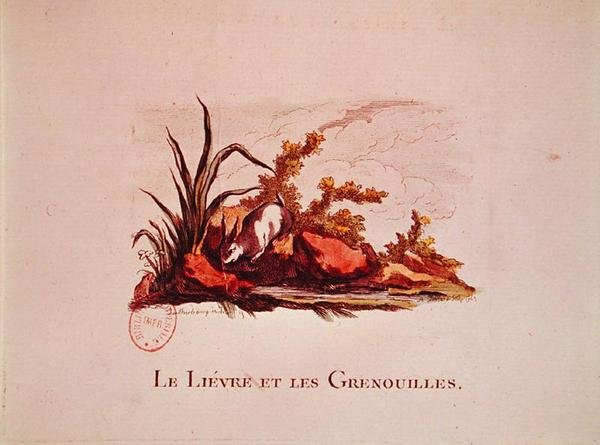 Haren och grodorna, illustration från fablerna av Jean de la Fontaine (1621-95) 1823 av Philippe de after Loutherbourg