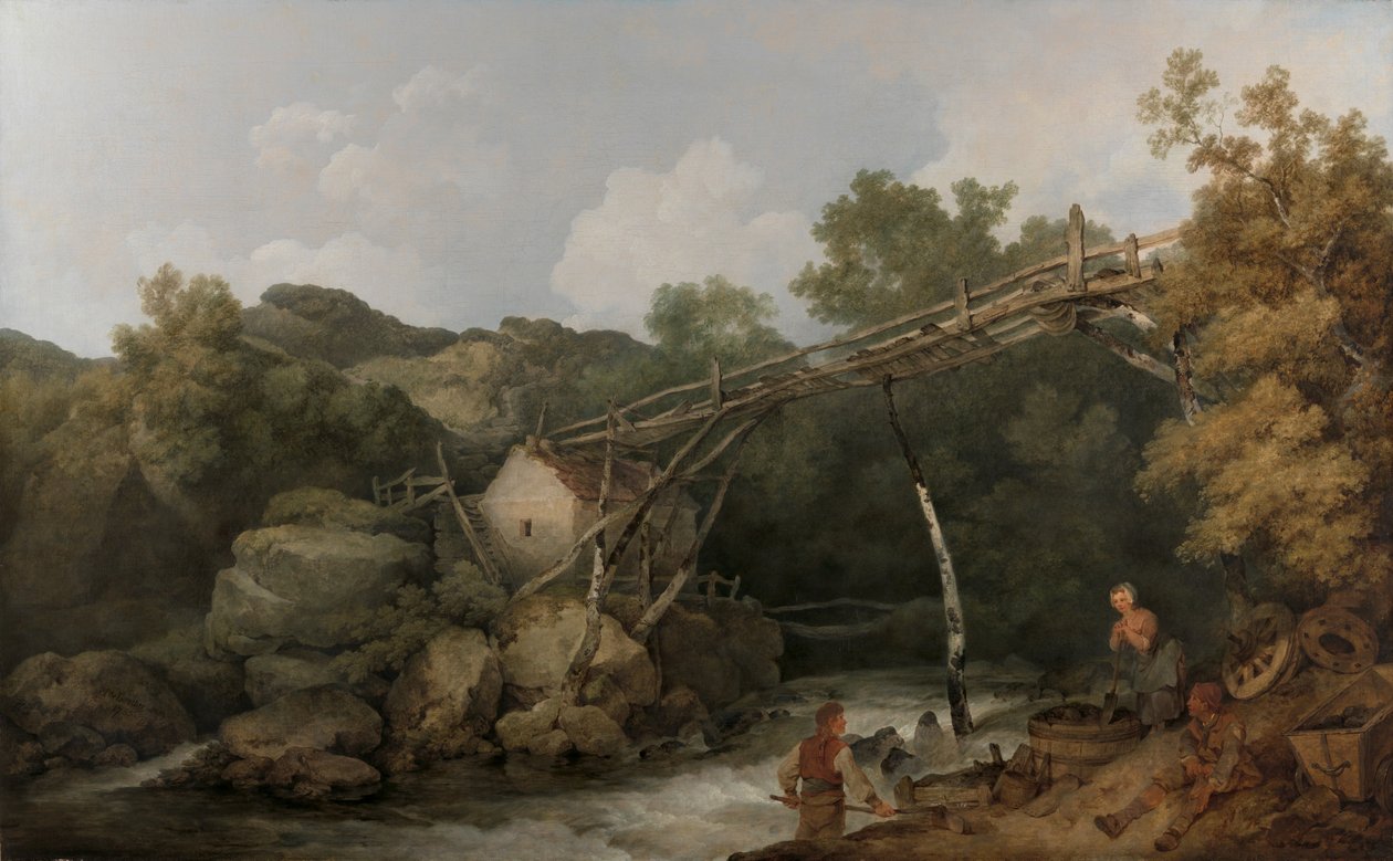En vy nära Matlock, Derbyshire med figurer som arbetar under en trätransportör av Philippe-Jacques de Loutherbourg