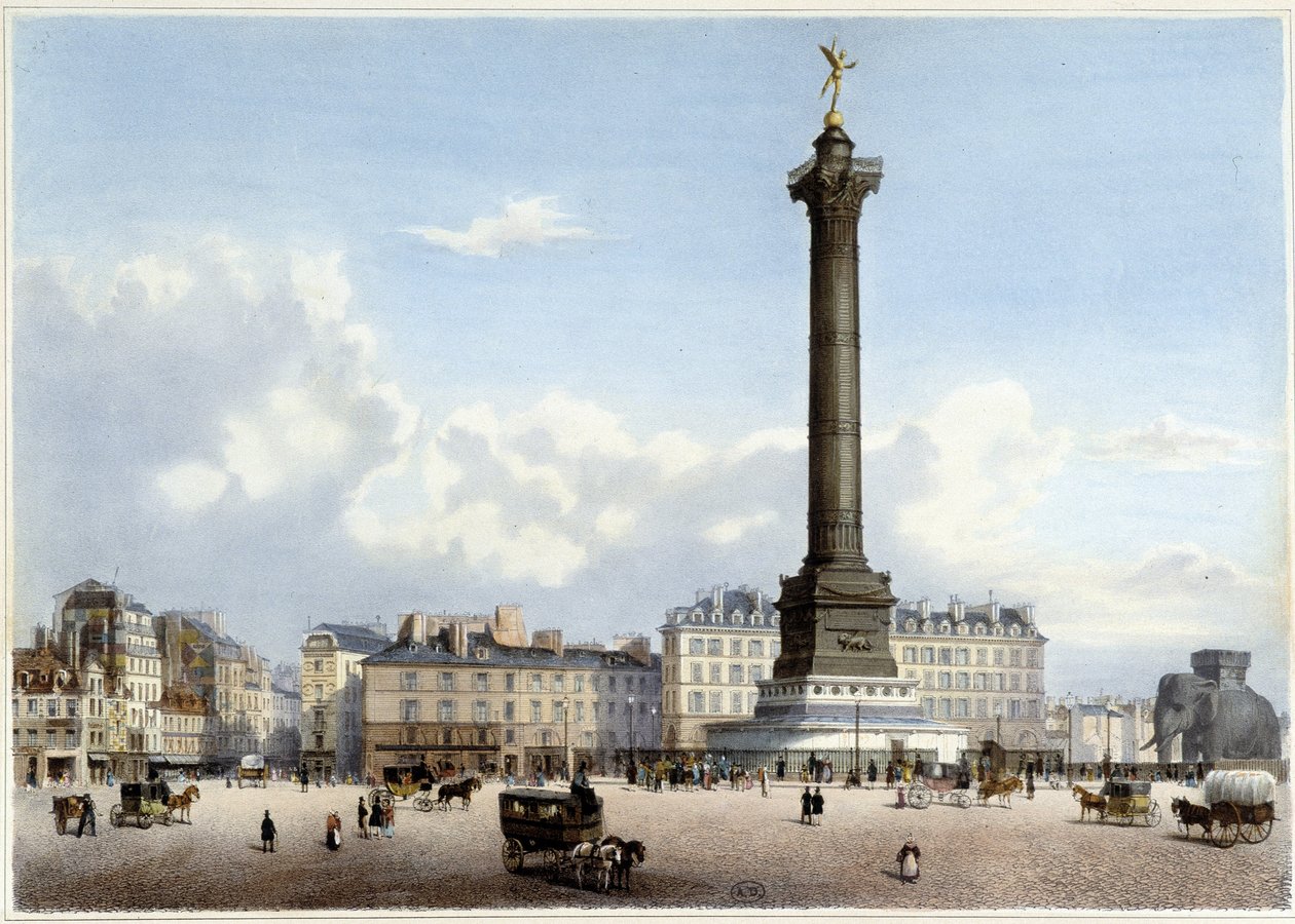 Column de Juillet à la Bastille - i "" En promenad i Paris och dess omgivningar ", designad av Jacottet och Benoist, ca. 1840 av Philippe Benoist