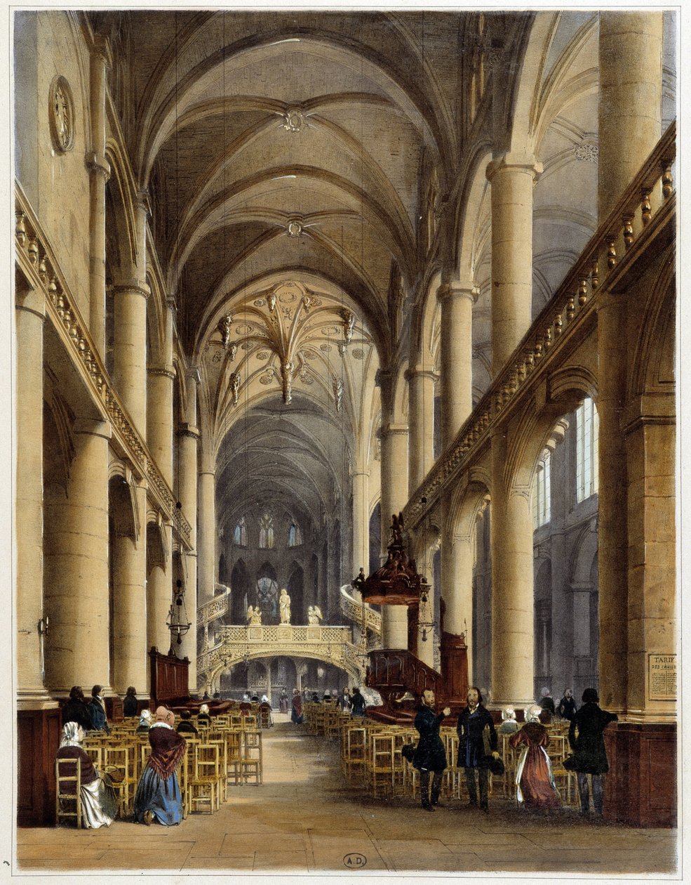Interiör av kyrkan St Etienne du Mont - i "" Walk in Paris och dess omgivningar "", teckningar av Jacottet och Benoist, ed. Bröderna Gihaut av Philippe Benoist