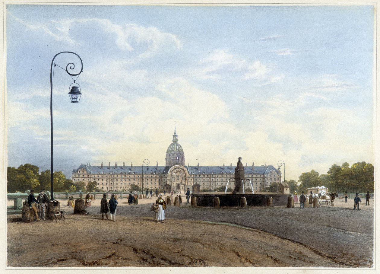 Hôtel des Invalides sett från Champ de Mars - i ""Walk in Paris and its environments"", av Jacottet och Benoist, red. Gihaut av Philippe Benoist