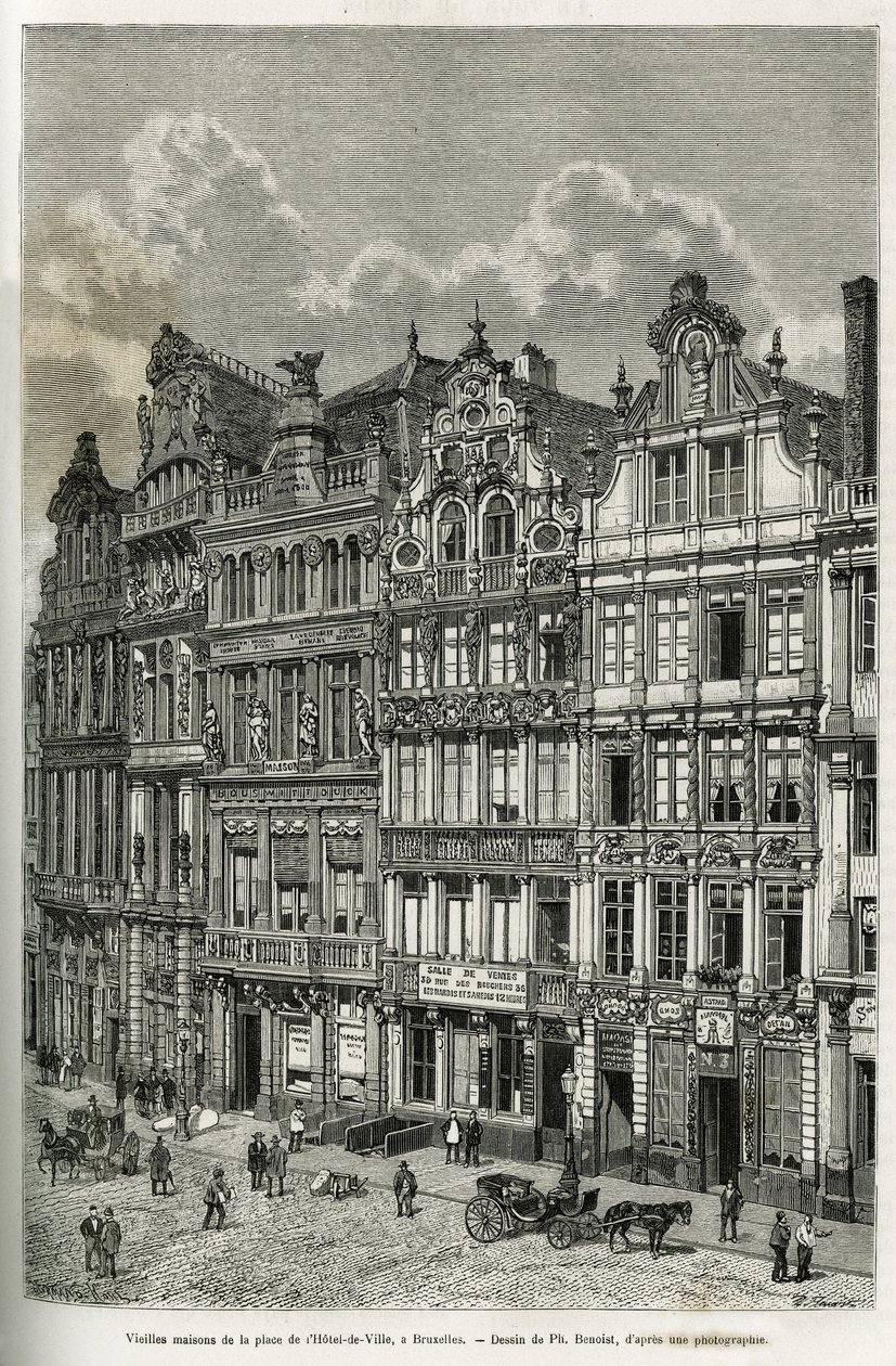 Gamla hus på stadshustorget i Bryssel. Gravyr av Ph. Benoist, för att illustrera historien om Belgien av Camille Lemonnier, publicerad i tour du monde, under ledning av Edouard Charton (1807-1890), Paris av Philippe Benoist