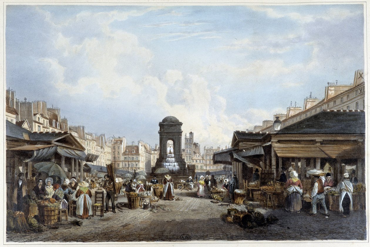 Vandringen runt de oskyldigas fontän, ca. 1840 - i "" Promenade dans Paris et ses environs", ill. av Jacottet och Benoist, Paris, v.1840 av Philippe Benoist