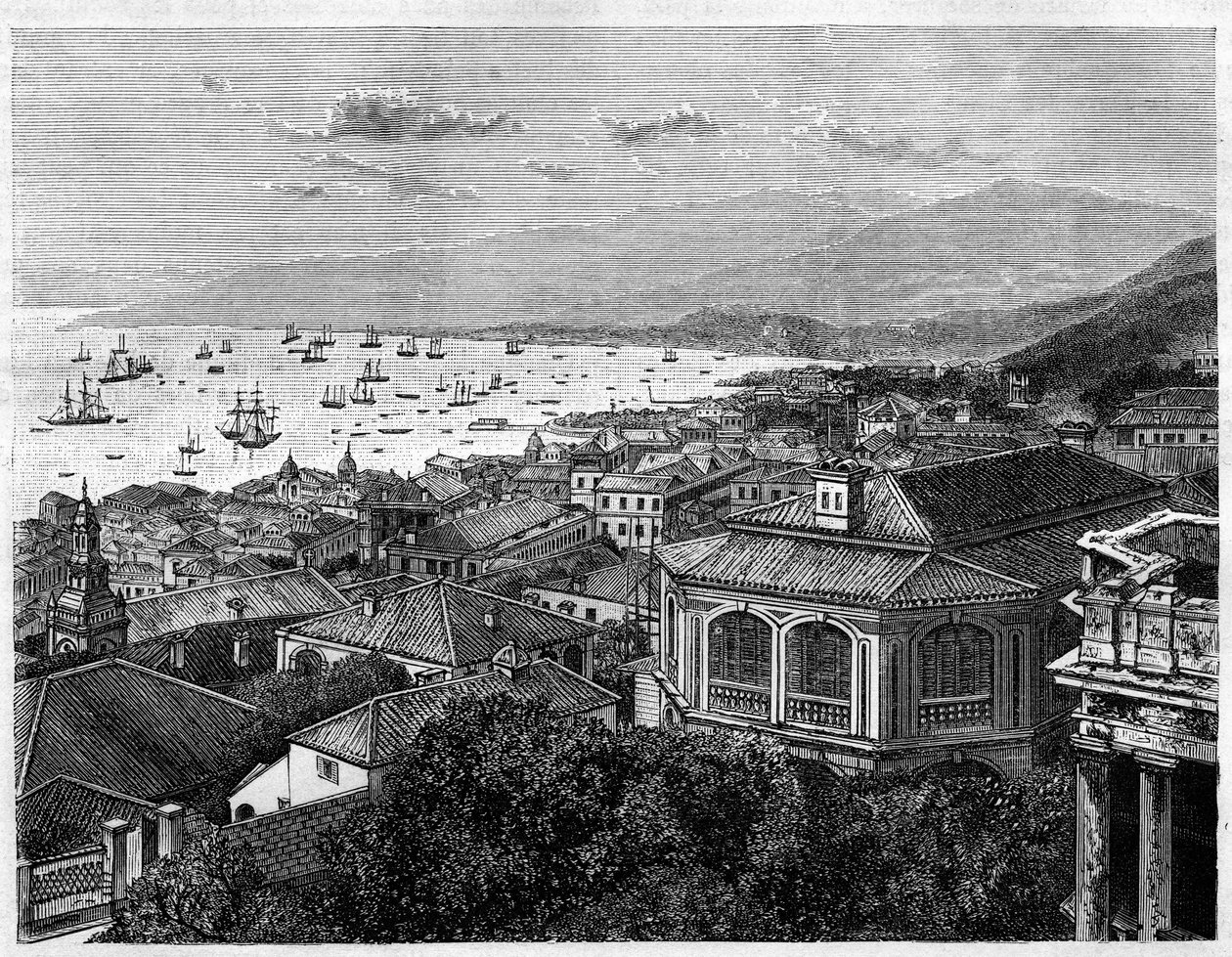 Utsikt över Hong Kong Bay. Gravyr efter en teckning av Benoist, i "" Le Tour du Monde, Nouveau journal des Voyages", redigerad av Edouard Charton, Paris av Philippe Benoist