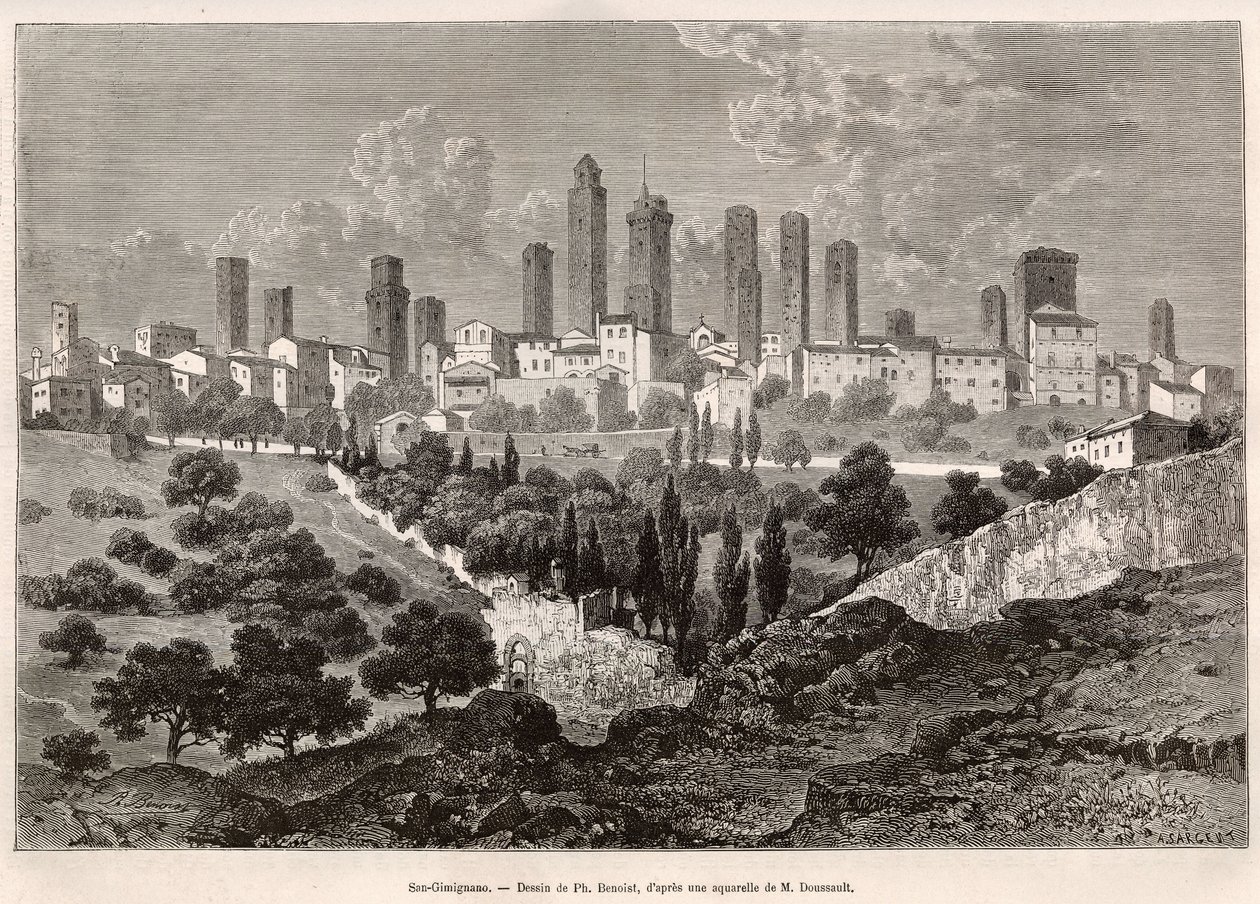 Utsikt över San Gimignano (Toscana, Italien). Gravyr efter ritning av Ph. Benoist, för att illustrera Francis Weys resa till Toscana och Umbrien 1875, publicerad i "Le tour du monde" 1876, redigerad av Edouard Charton, Hachette edition, Paris. Selva av Philippe Benoist