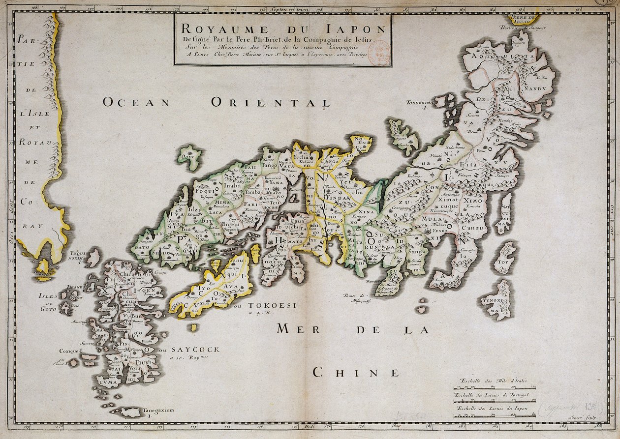 Geografisk karta över Japan gjord av fader Philippe Briet, jesuit och fransk forskare (1601-1668). Paris, NL av Philippe Briet