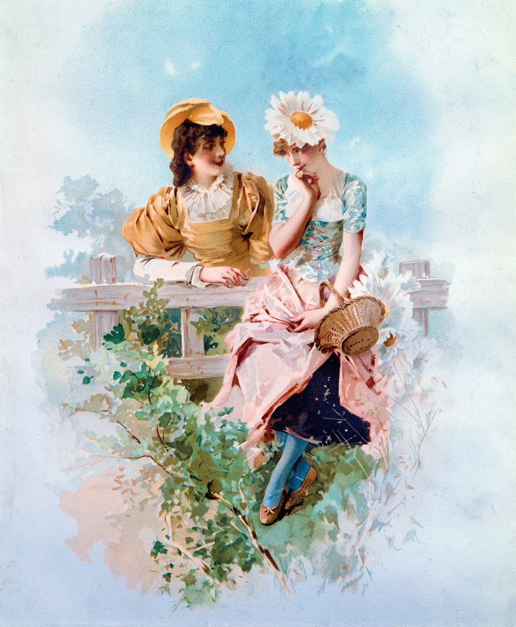 Förtroende Två unga flickor som viskar hemligheter. Litografi av Philippe Jacques Linder (1835-?) Privatsamling från 1800-talet av Philippe Jacques Linder
