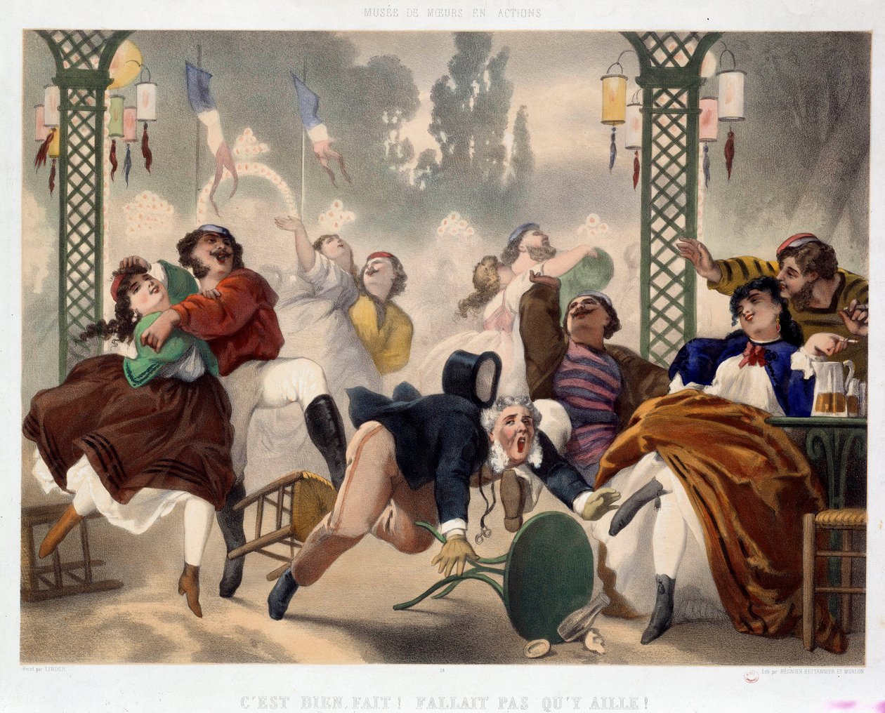 Asnieres kasino Det är bra gjort det behövde inte gå dit”” Populär underhållningsscen, en man får foten i en pall och faller mitt på dansgolvet. Litografi av Philippe Jacques Linder (1835-?). Serie Musee de Moeurs et d