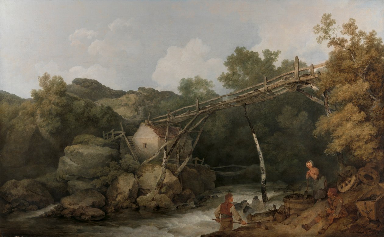 En vy nära Matlock, Derbyshire med figurer som arbetar under en trätransportör av Philippe Jacques de Loutherbourg