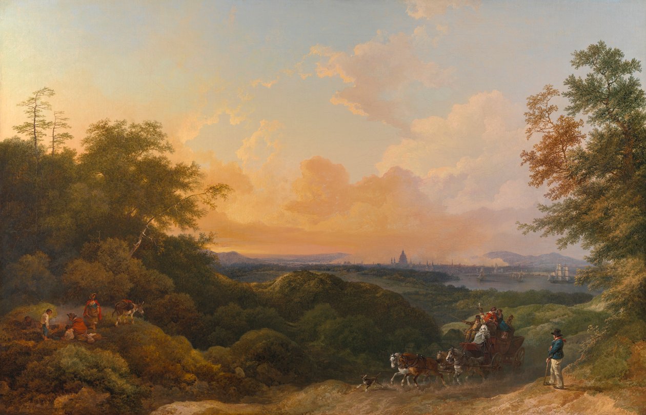 The Evening Coach, London i fjärran av Philippe Jacques de Loutherbourg