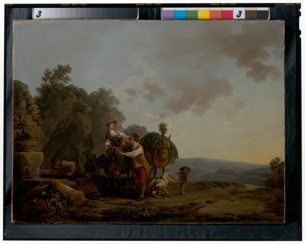 Resenärer med hundar och tungt lastade mulor vid en brunn av Philippe Jacques de Loutherbourg