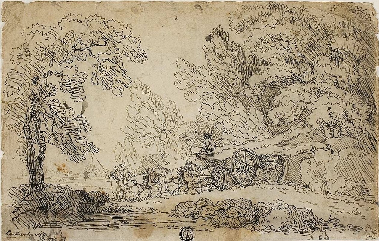 Timmertransport i en skog (recto); Skisser av människor i olika aktiviteter (verso) av Philippe Jacques de Loutherbourg II