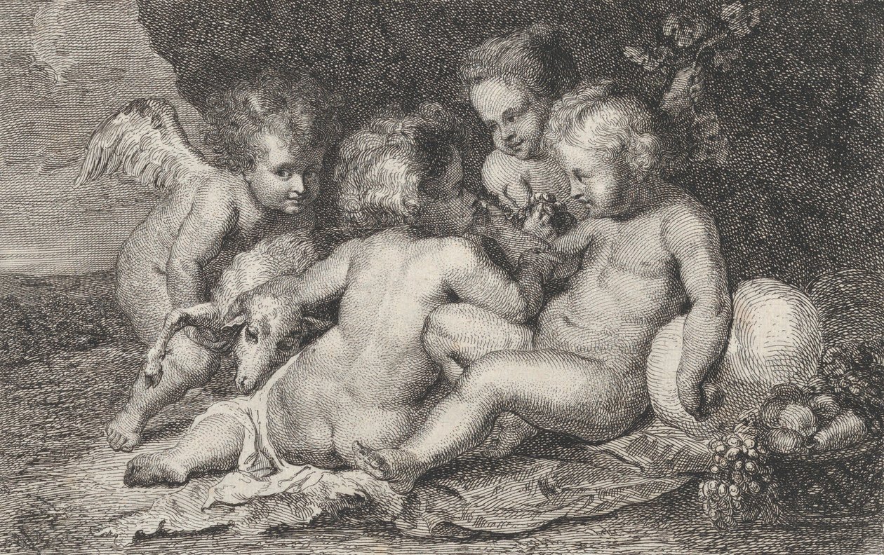 En grupp på tre barn och en putto med frukt och ett lamm, ca. 1760-1801. av Philippe Lambert Joseph Spruyt