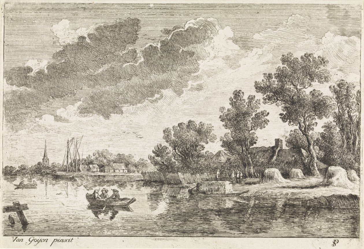 Flodlandskap med roddbåt av Philippe Lambert Joseph Spruyt