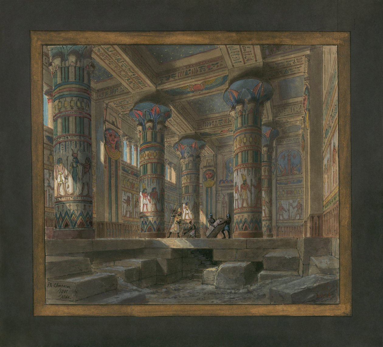 Scenografi av Philippe Chaperon för operan Aida av Giuseppe Verdi (1813-1901): Isis tempel av Philippe Marie Chaperon
