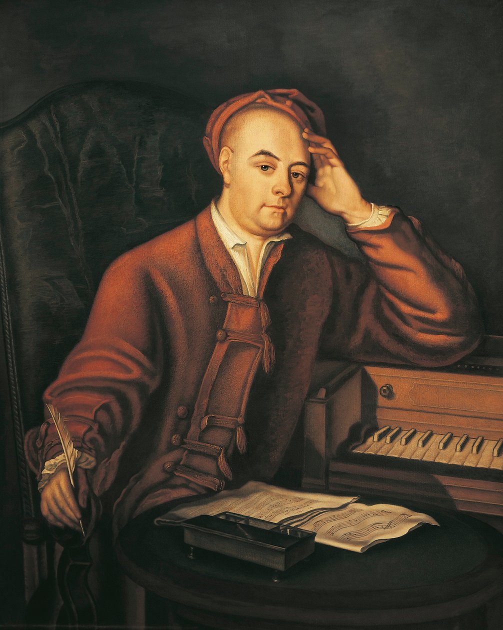 Tyskland, Sachsen-Anhalt, Halle, Porträtt av den tyske kompositören Georg Friedrich Handel (1685 - 1759) av Philippe Mercier