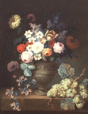 Stilleben av blommor i en klassisk vas med en klase druvor av Philippe Parpette
