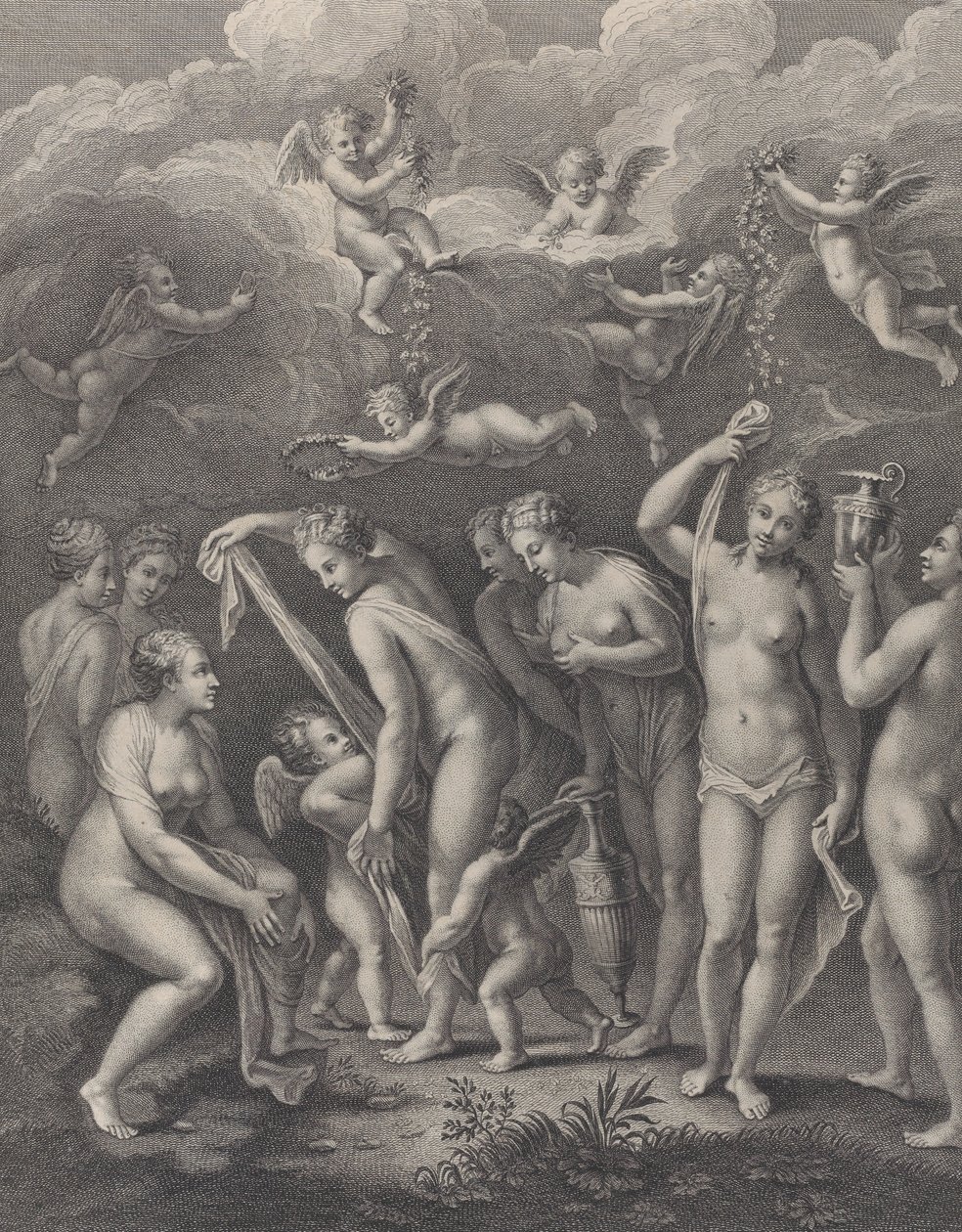 Hera, Afrodite och Athena förbereder sig för skönhetstävlingen före P..., ca. 1729-40. av Philippe Simonneau