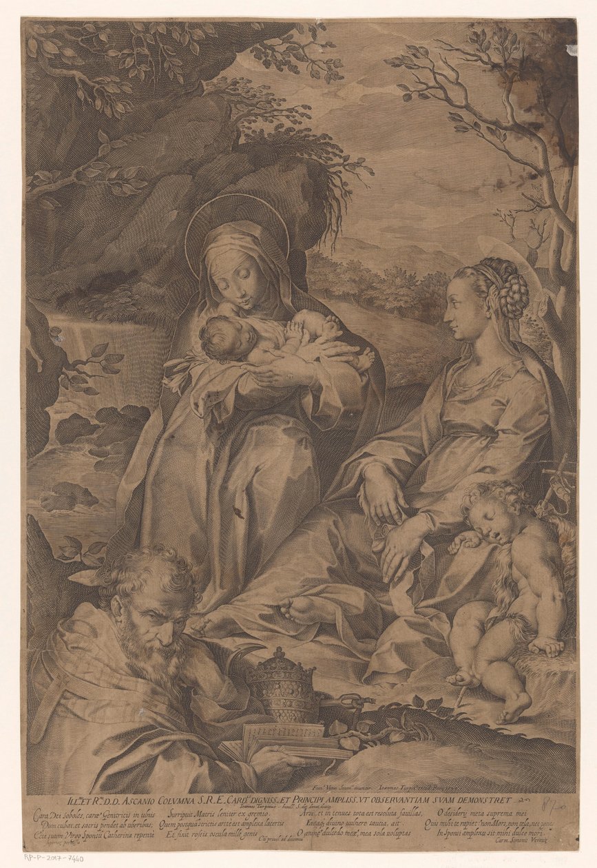 Den heliga Katarina av Siena med Kristusbarnet, Maria, en sovande Johannes Döparen och en påve av Philippe Thomassin