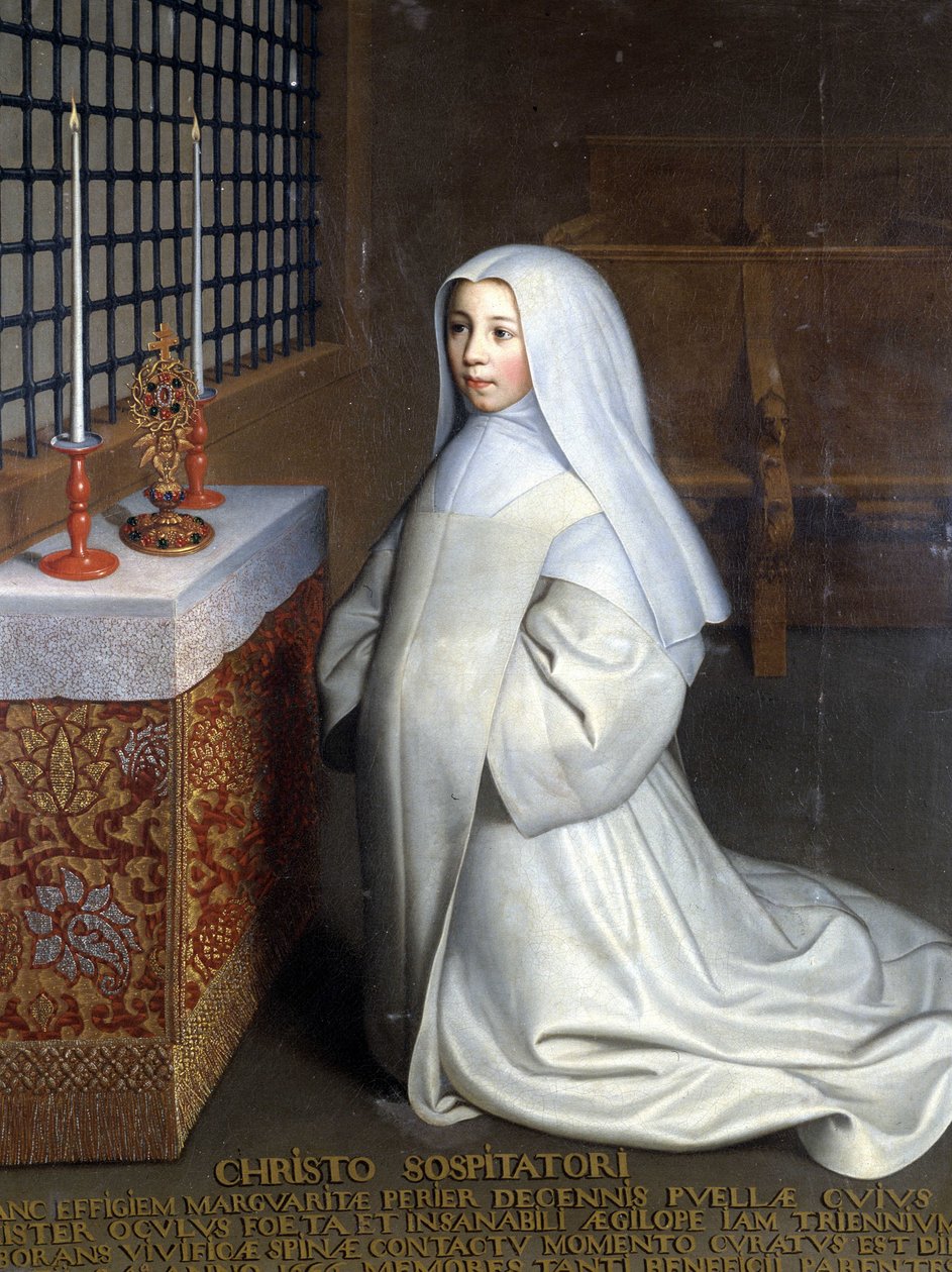 Porträtt av Marguerite Périer, intern i klostret Port Royal des Champs (Port-Royal-des-Champs) och systerdotter till Pascal ("" Till Kristus Frälsaren: Marguerite Périer, en 10-årig flicka vars vänstra öga läktes i kontakt med den uppiggande taggen”) - O av Philippe de (attr. to) Champaigne