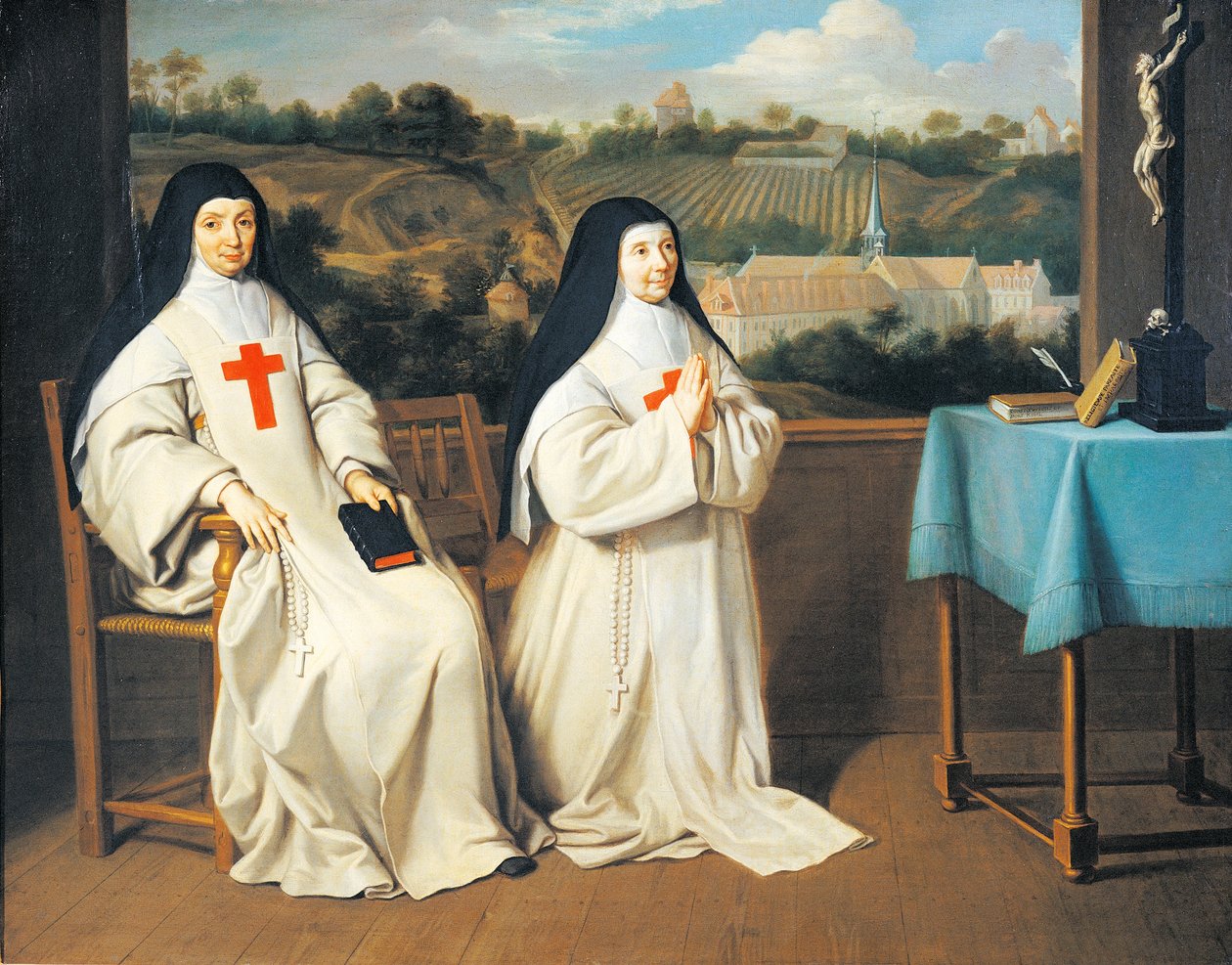 Porträtt av Moder Marie-Angelique Arnaulds syster och mamma Agnes framför Port-Royal des Champes Abbey, tillskriven Philippe de Champaigne (1602-1670). av Philippe de (attr. to) Champaigne