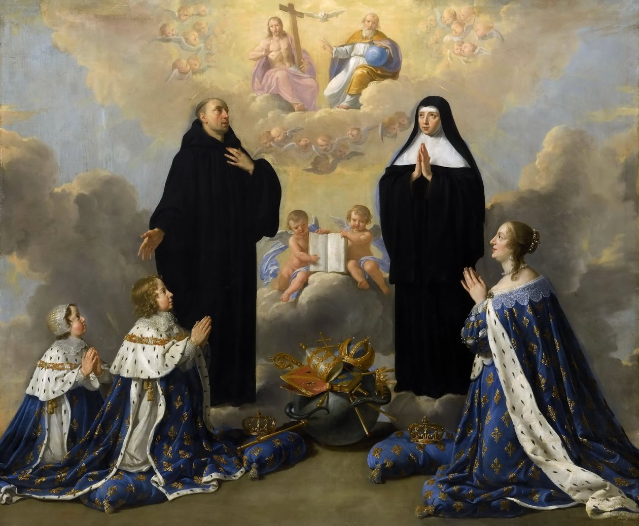 Anna av Österrike med sina barn, ber till den heliga treenigheten med de heliga Benedictus och Scholastica av Philippe de Champaigne