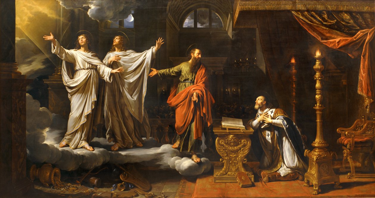 Helgonet Gervais och helgonet Protase framträdde för helgonet Ambrosius ... av Philippe de Champaigne