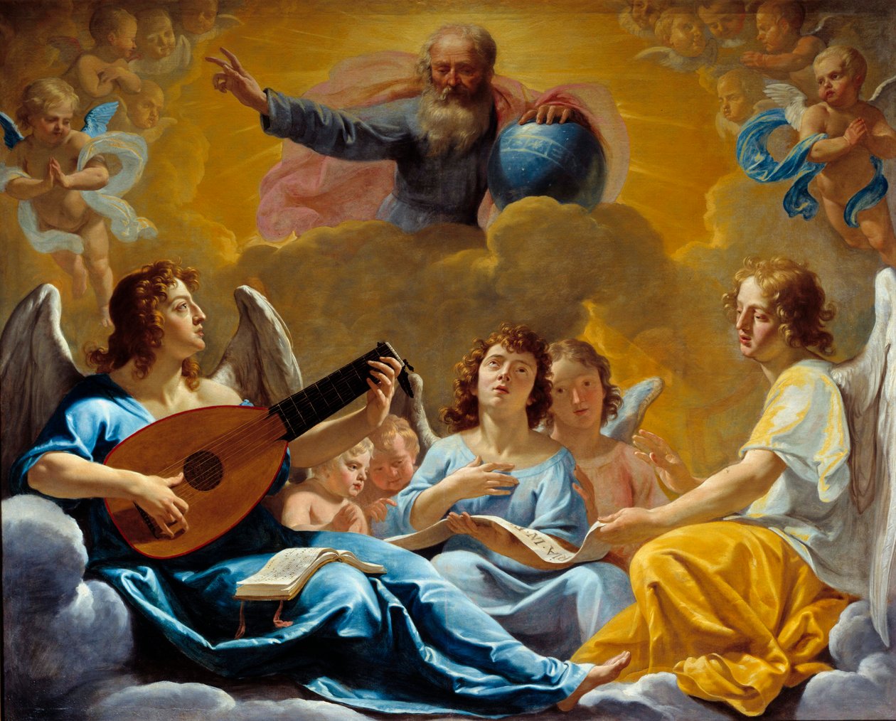 Konserter av änglar Representation av den Allsmäktige Guden med Globen. Målning av Philippe de Champaigne (1602-1674) 1600-talets sön. 1,75x2,2 m Rouen, musee des Beaux Arts av Philippe de Champaigne