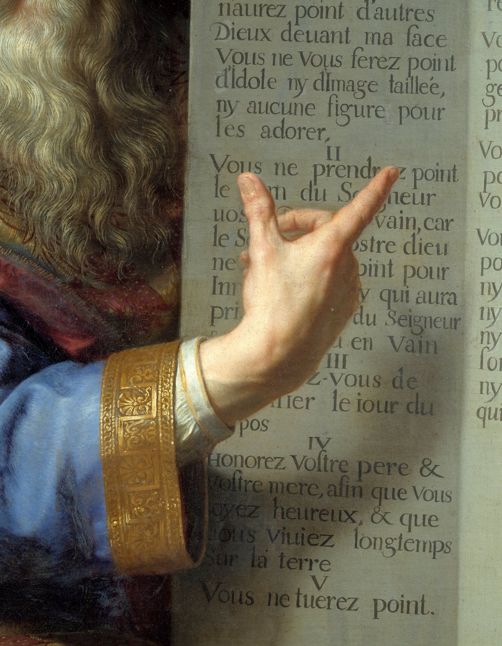 Moses och lagens tabeller, detalj av Moses hand som visar de tio budorden. Målning av Philippe De Champaigne (1602-1674) Ec. Flam. av Philippe de Champaigne