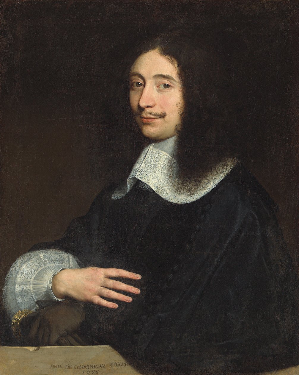 Porträtt av en gentleman, traditionellt identifierad som Noël de Bullion, halvlångt, i svart med spetskrage och ärm, hans handskar i vänster hand, 1656 av Philippe de Champaigne