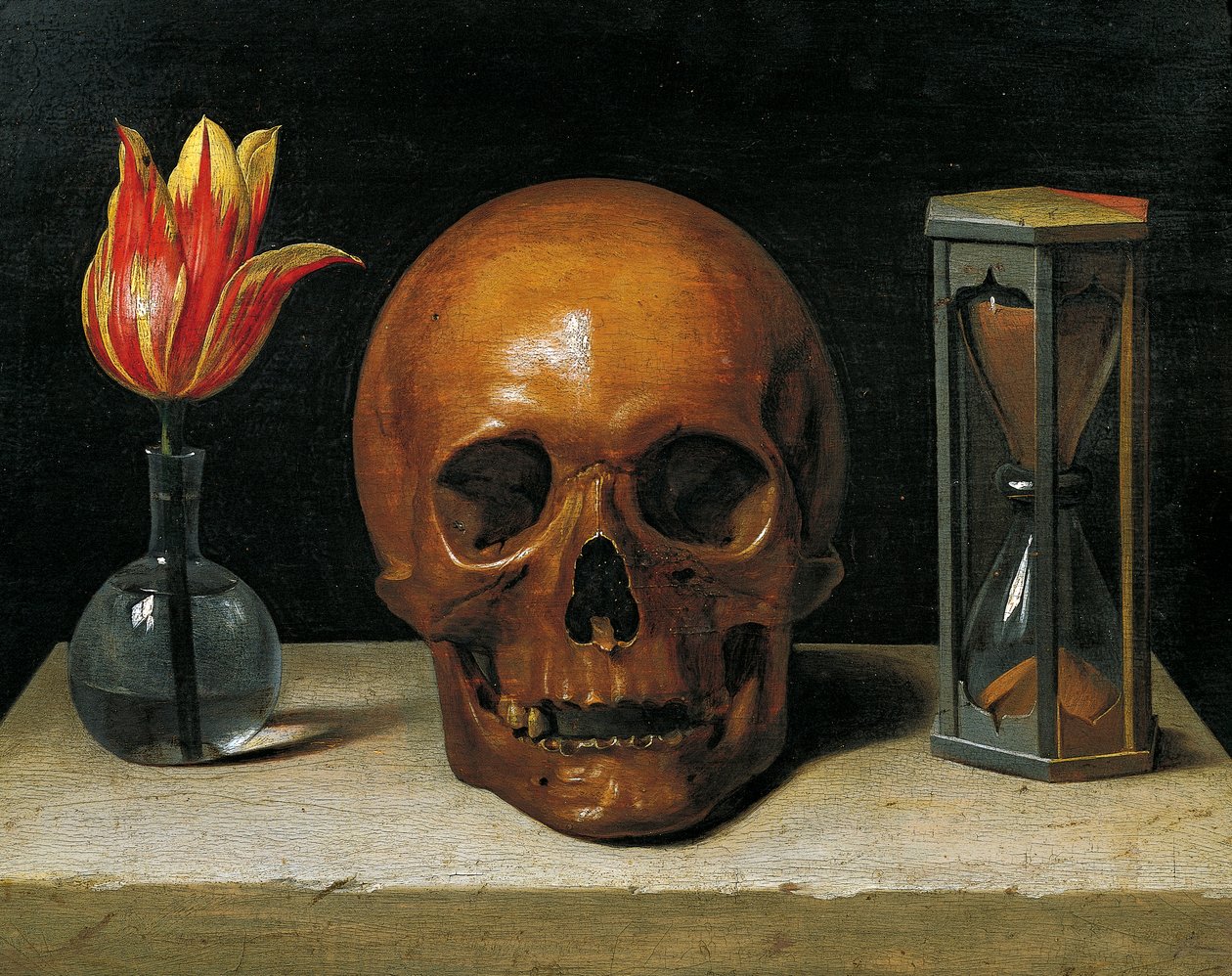Vanitas stilleben med tulpan, skalle och timglas (olja på panel) av Philippe de Champaigne