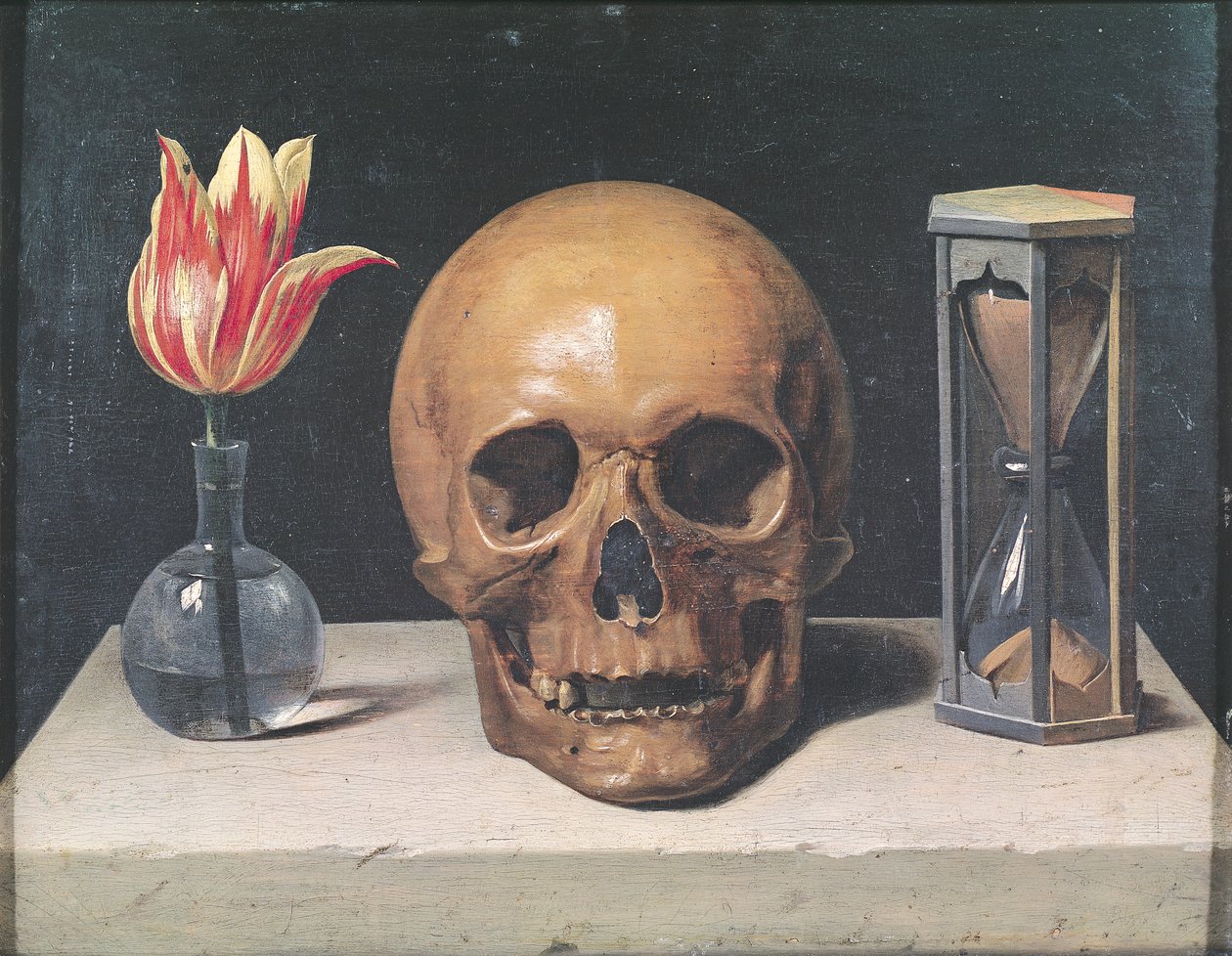 Vanitas stilleben med tulpan, dödskalle och timglas (olja på panel) av Philippe de Champaigne