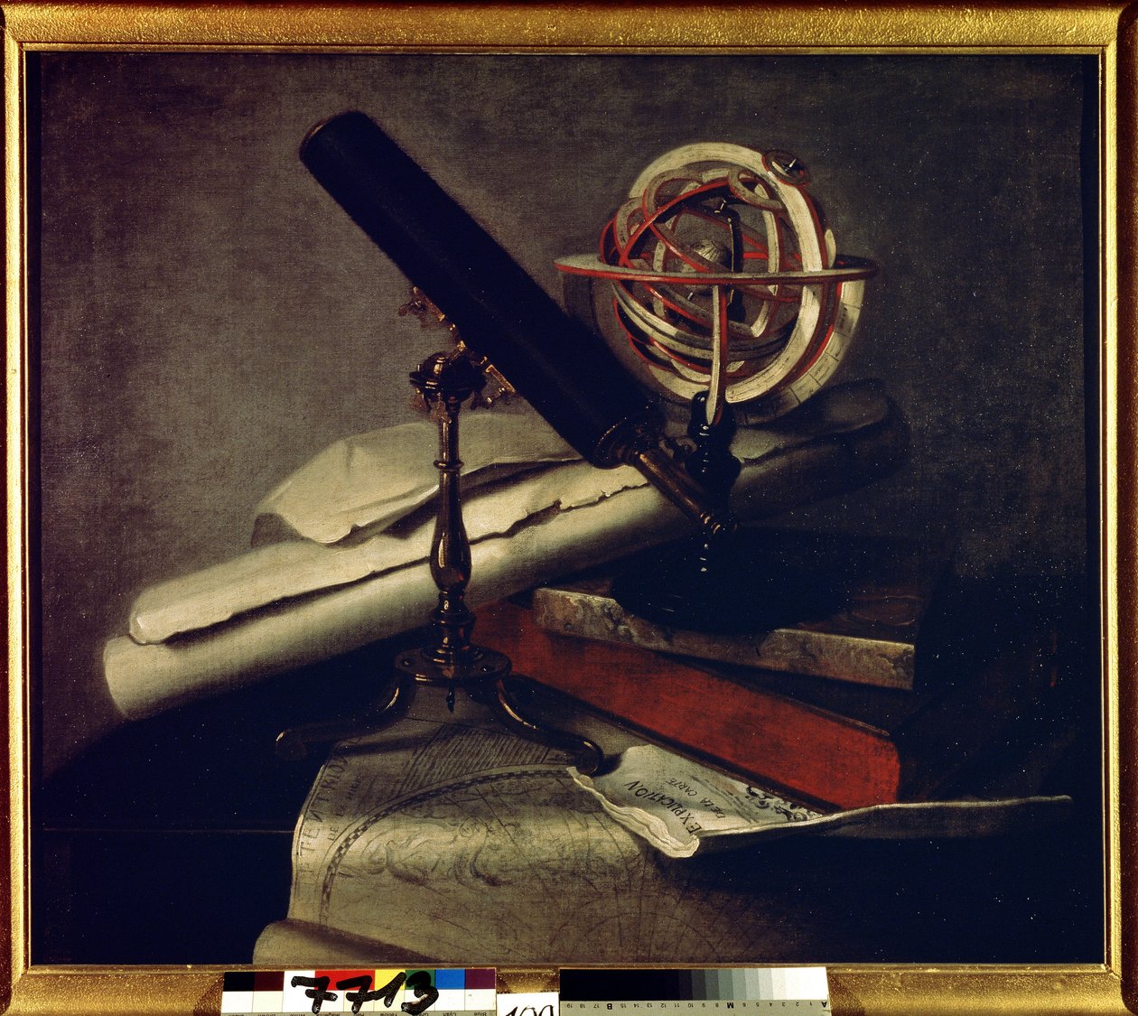 Astronomiska instrument. (Astronomiska redskap). Stilleben med astronomiskt teleskop (teleskop), himmelskt klot och himmelkarta. Målning av Philippe de La Hyre (1640-1718). Fransk konst, barockstil. Olja på duk. Tsarskoye Selo Museum, Saint P av Philippe de la Hire