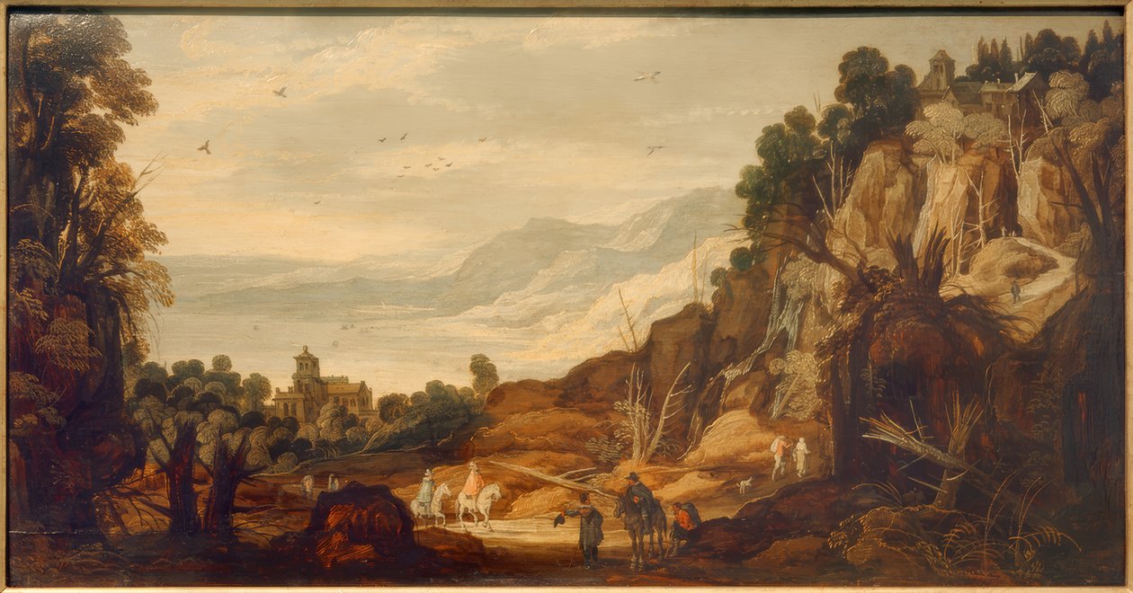 Bergslandskap med ryttare av Philippe de Momper
