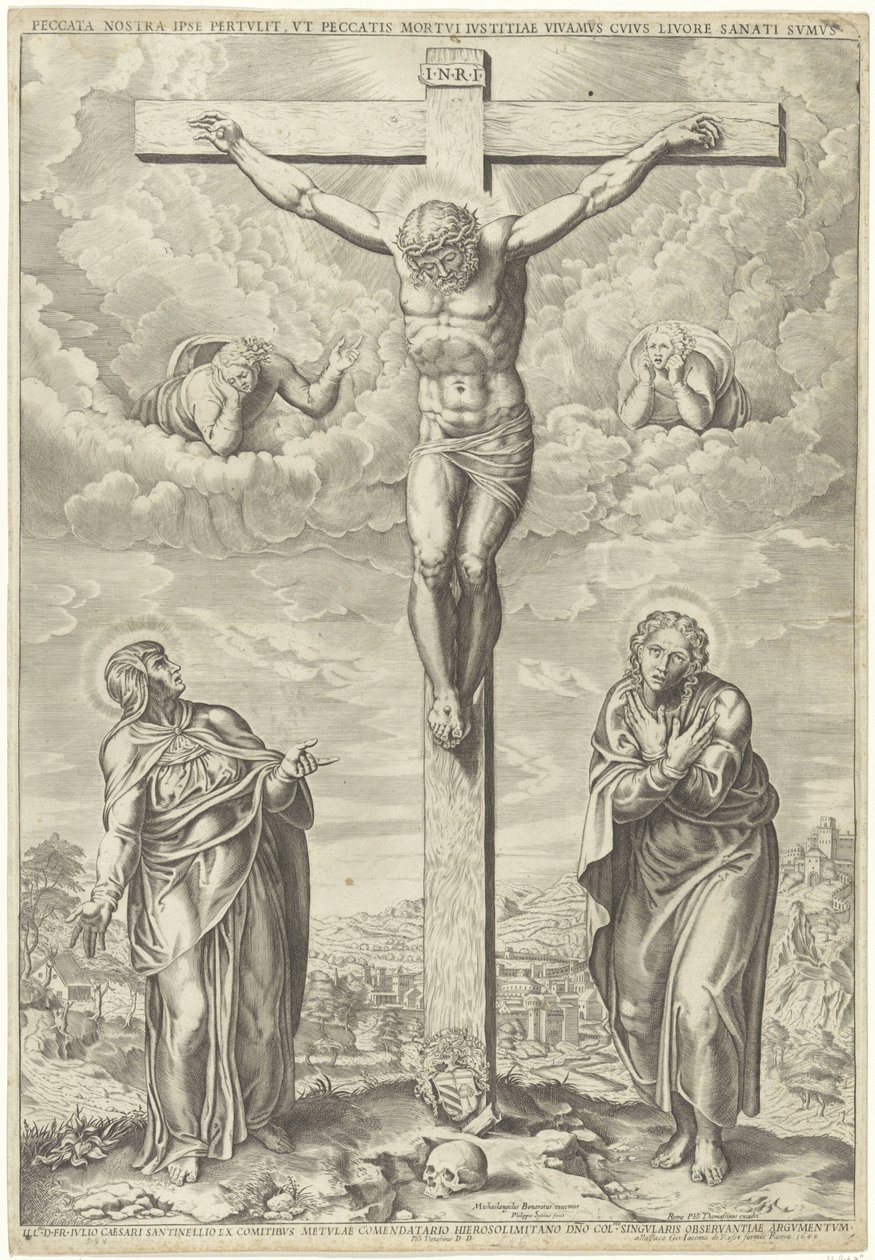 Kristus på korset flankerad av Maria och Johannes i ett landskap av Philippe de Soye