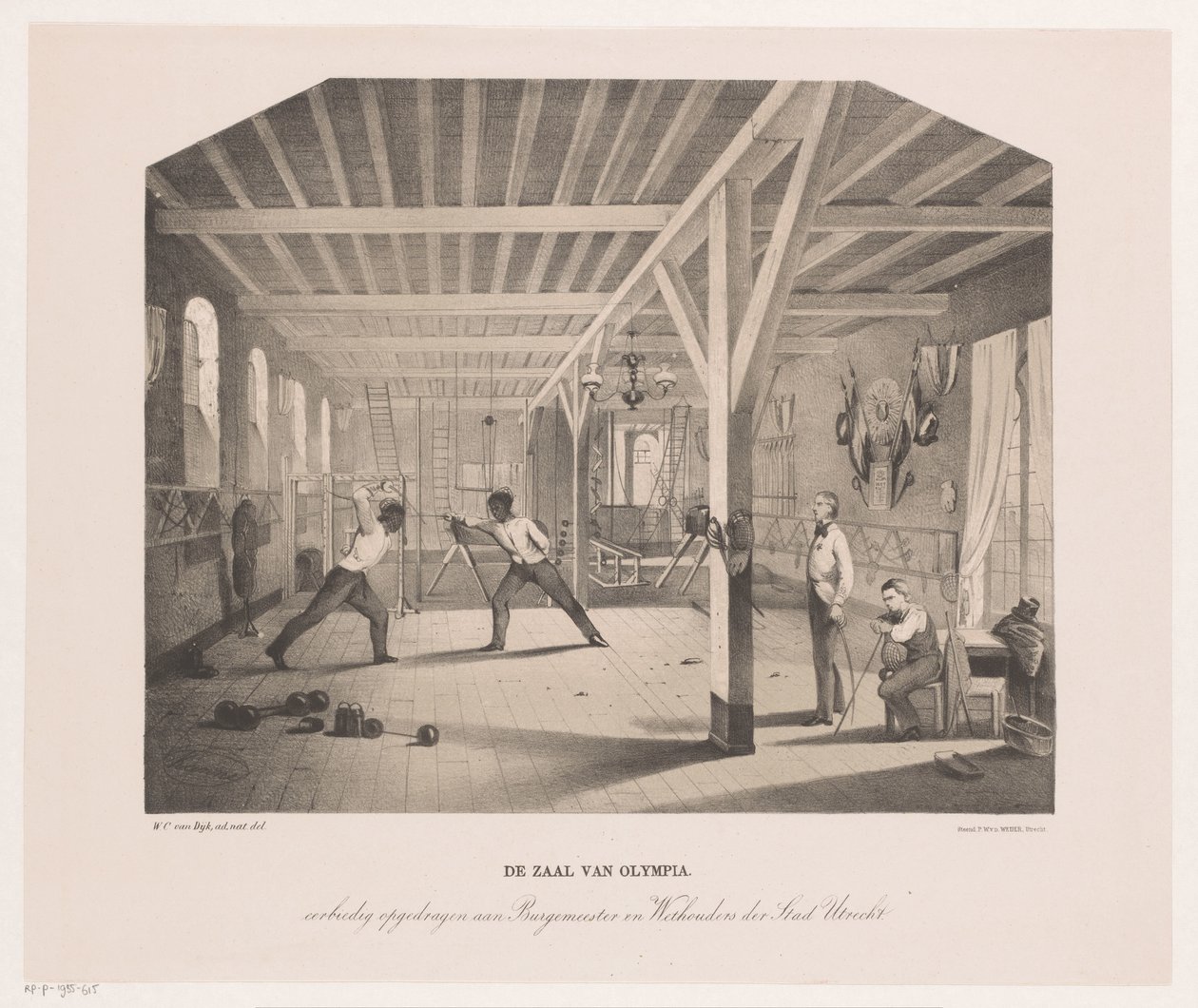 Utsikt över studentkompaniet Olympias fäktning och gymnastiksal The Hall of Olympia (titel på objekt) av Philippus Anthonius Alexander Kanne