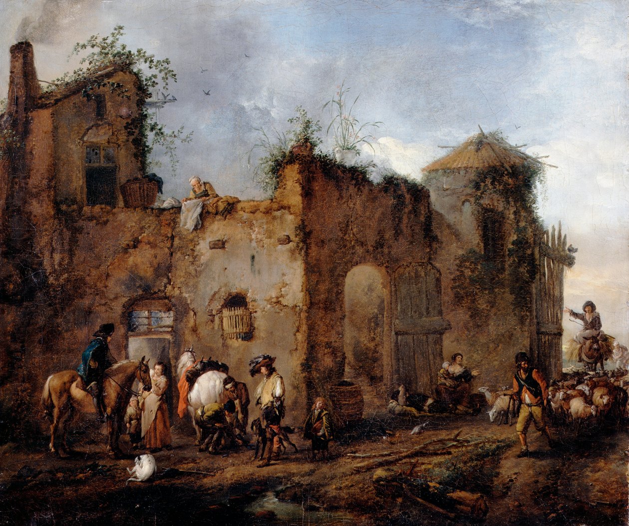 Courtyard with a Farrier shoeing a Horse av Philips Wouwerman