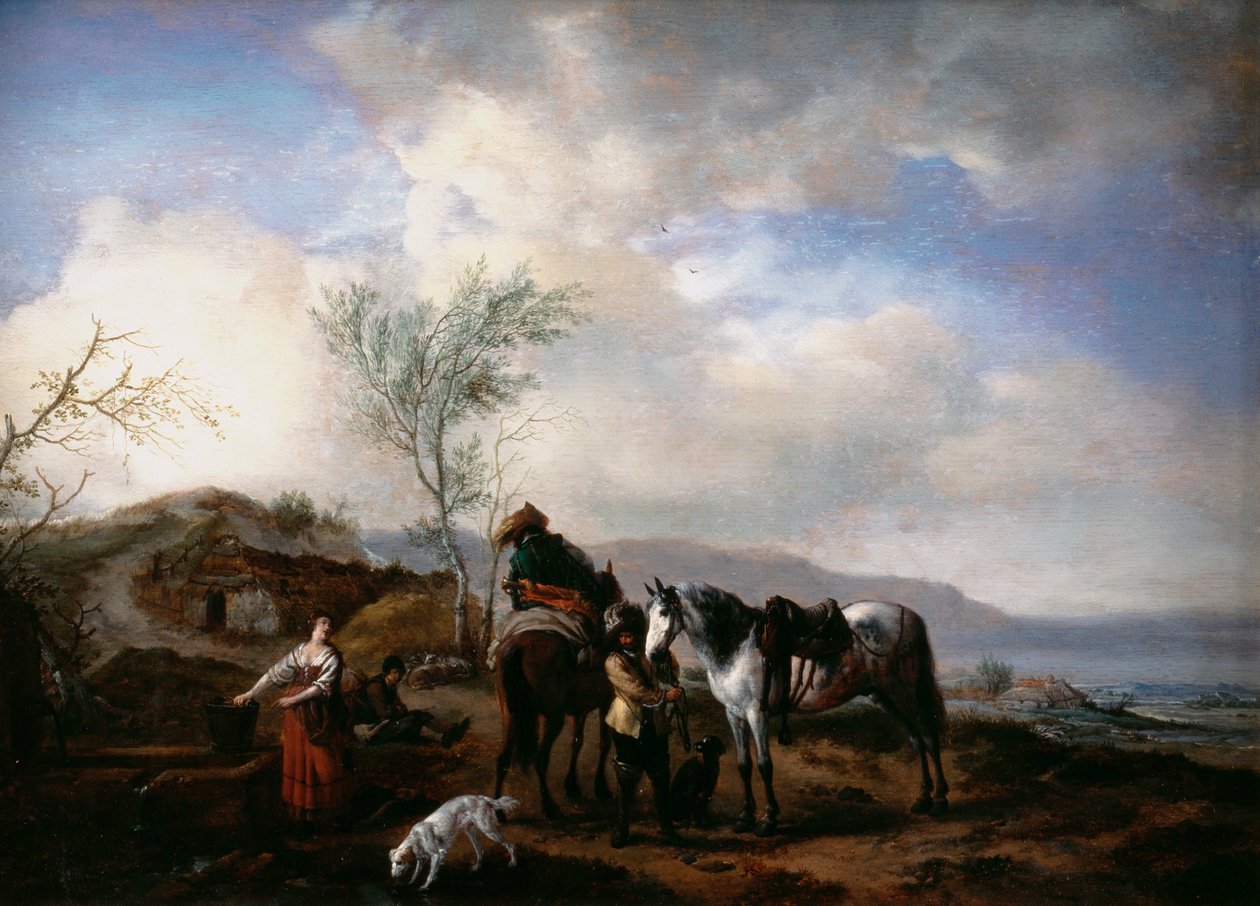 Two Horsemen near a Fountain av Philips Wouwerman